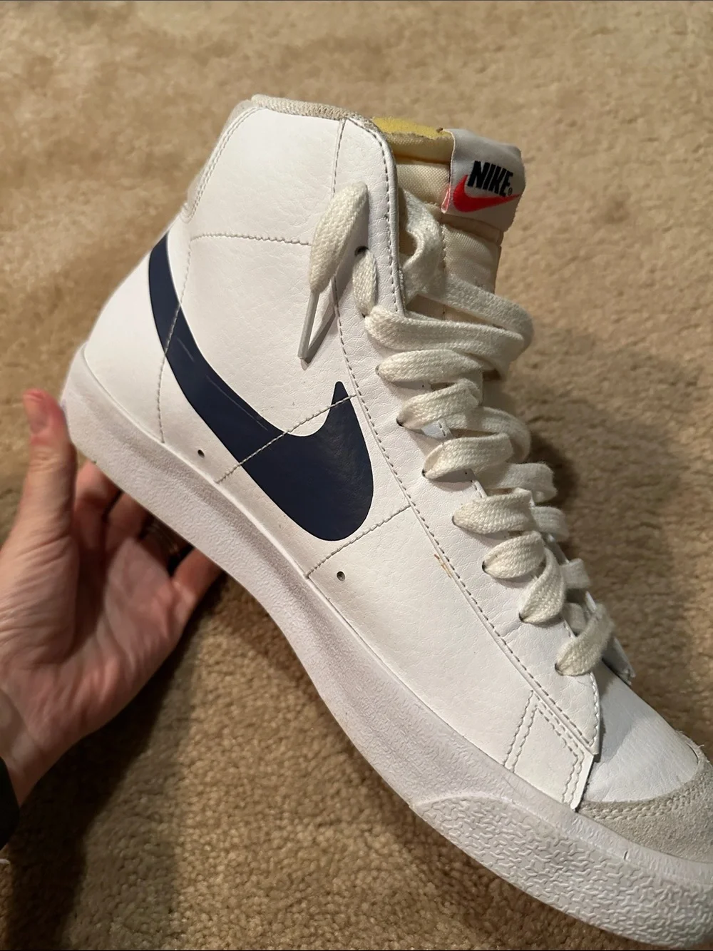 Nike High-Top Sneakers White with Black Swoosh and Yellow Tongue Accents